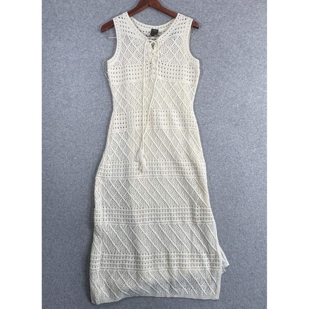 Taylor Open Knit Crochet Maxi Dress Womens M Ivory Lace Up Lined Beach Vacation